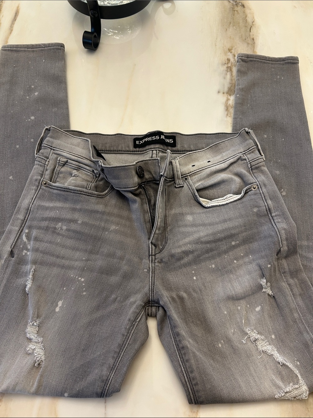 Express Gray Skinny Jeans with Distressed & Paint-Splatter Detail